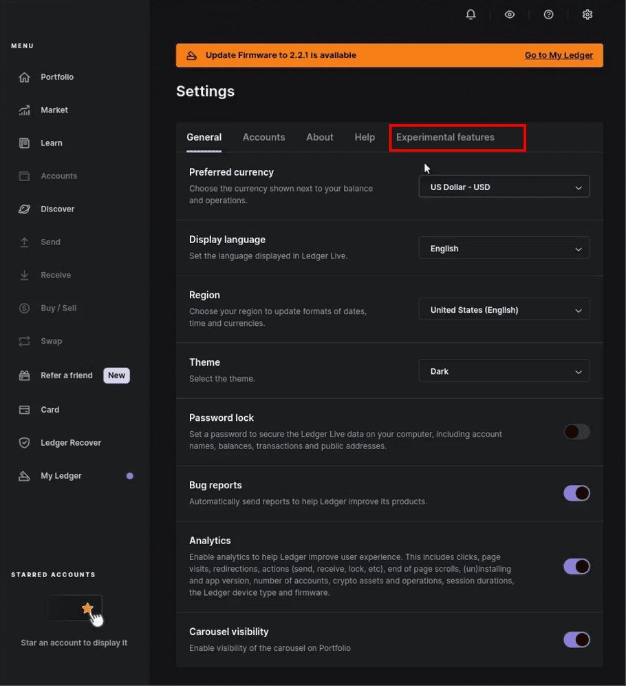 ledger live settings step 1